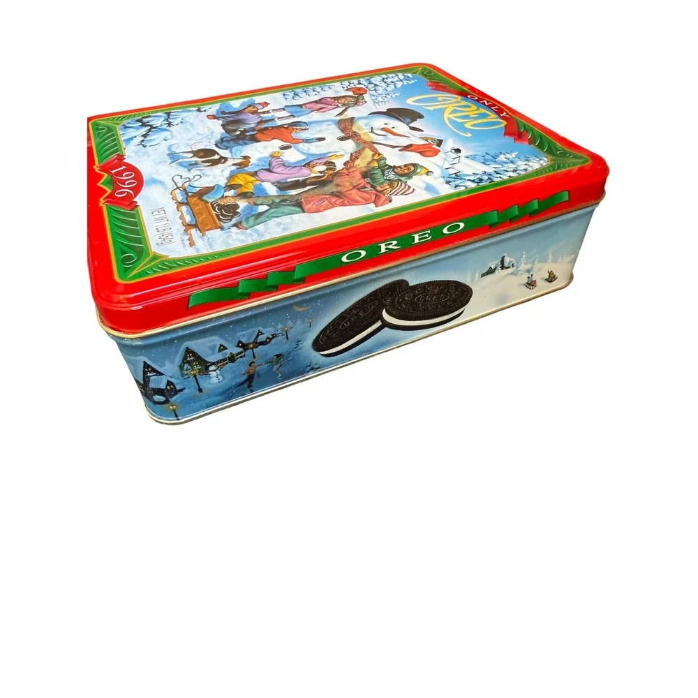 Vintage 1996 Oreo‎ Christmas Winter Snowman Scene Tin Canister Nabisco